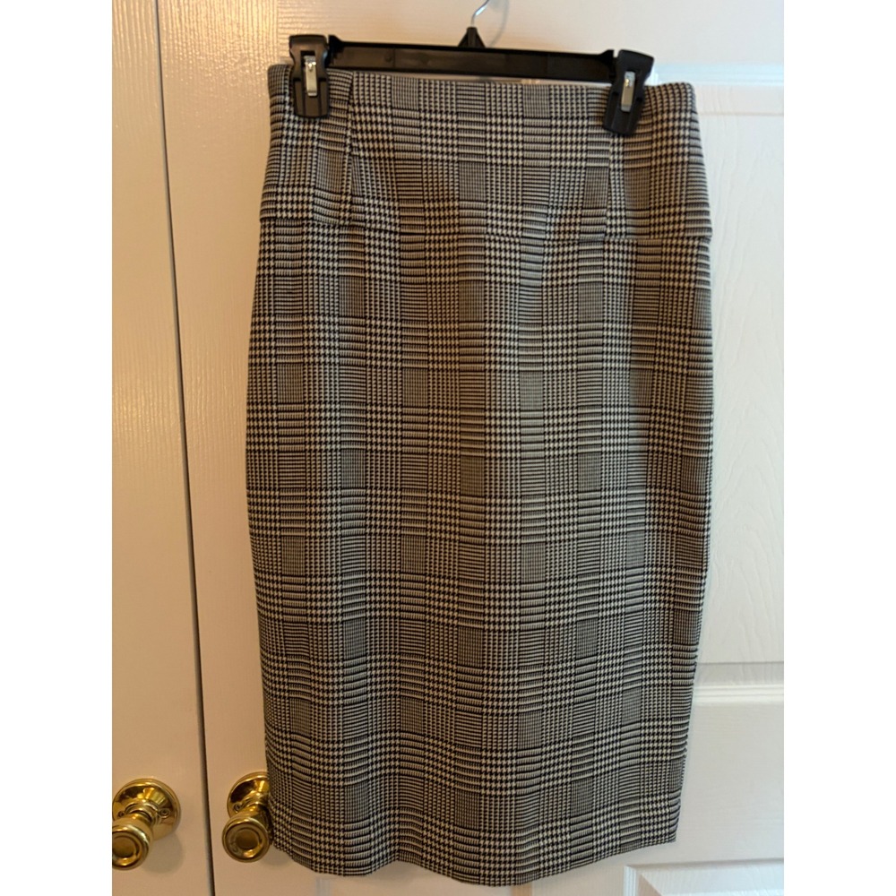 Worthington Plaid Pencil Skirt Black White Glen Check Midi Lined Size 4